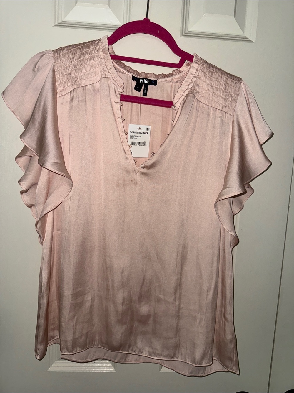 PAIGE Soft Blush Pink Ruffle Sleeve Silk-Look Blouse